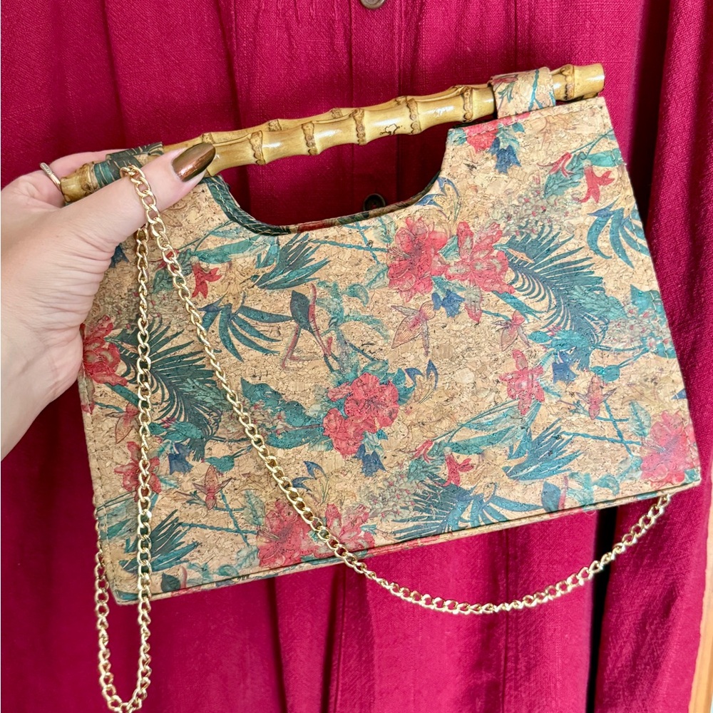 Tropical Floral Cork Clutch with Bamboo Handle
